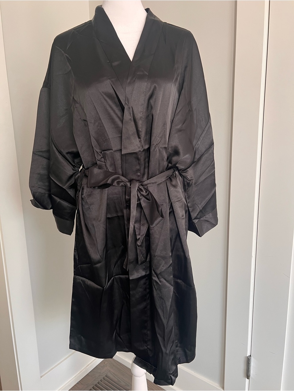 Silky Black Women's Robe with Tie Belt